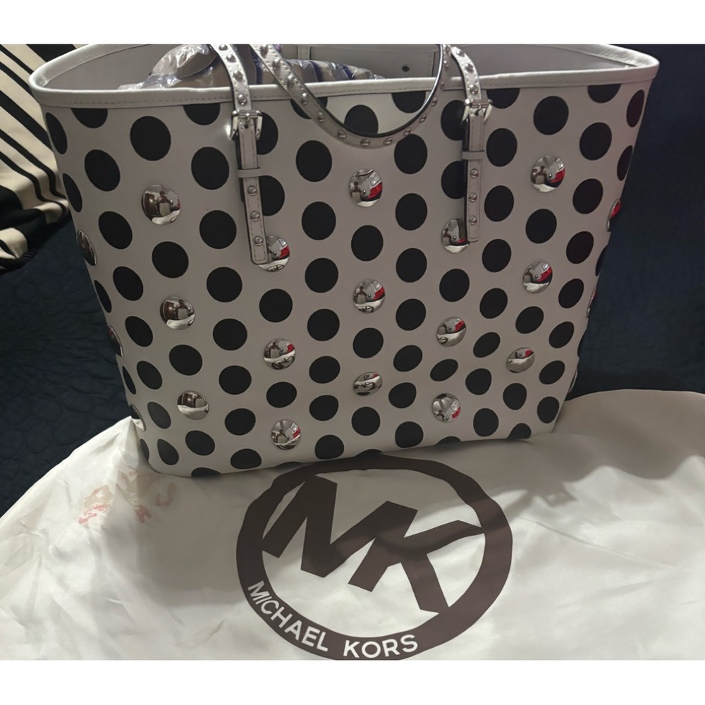 MK White Tote with black dots and silver adornments